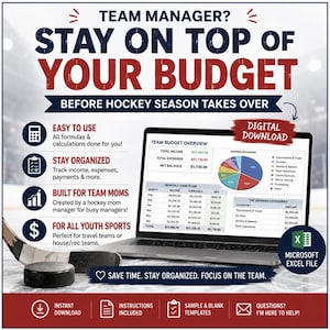 Youth Sports Team Budget Spreadsheet, Excel Template (Digital Download)