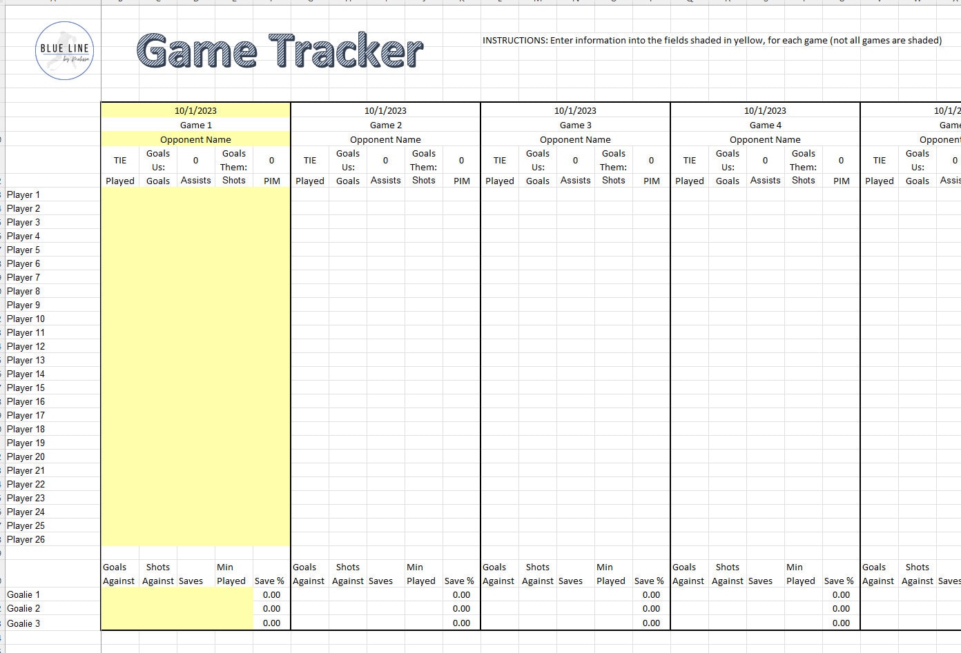 Player Stats Spreadsheet for Hockey Team Manager, Stats Template, Excel