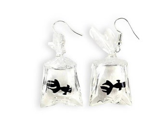 Beta Fish Earrings - Tiny Black Fish in Bag Earrings