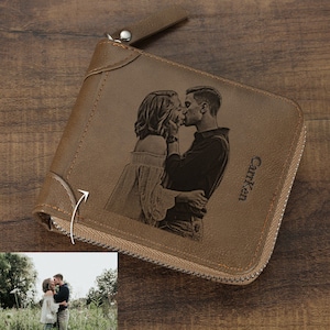Regalo personalizado para hombres, billetera personalizada para él y ella, billetera con cremallera grabada en 2 lados para hombre, billetera minimalista, regalo de cumpleaños para papá