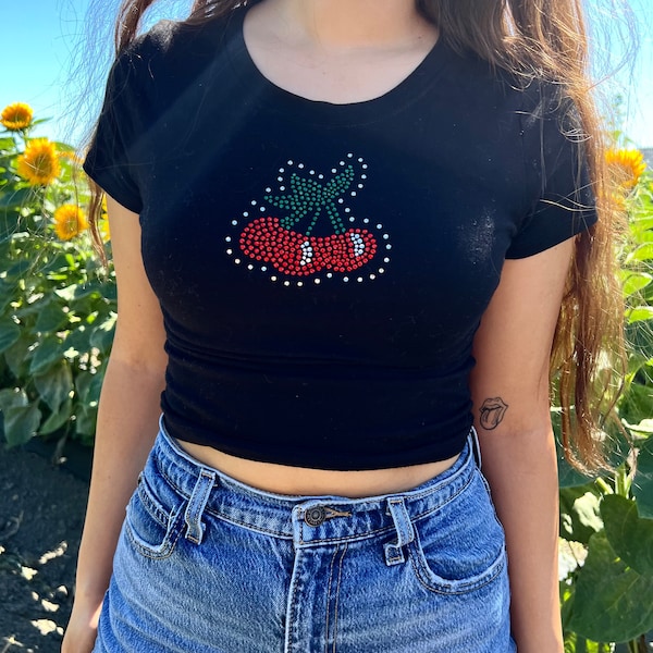 Cherry Baby Tee,Rhinestone Babytee Coquette Babytee,vintage baby tee, concert tee,Fruit shirt, 90s tee