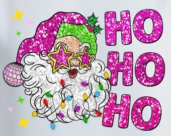 Pink Santa PNG: Retro Sunglasses, Glitter Xmas Design (Digital Download)