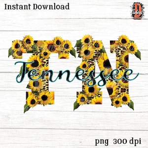 Puede incluir: Un diseño gráfico digital que presenta las letras "TN" con un patrón de girasol y estampado de leopardo. El texto "Tennessee" está escrito en letras cursivas azules.