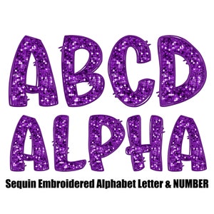 Purple Sequin Faux glitter doodle Alphabet letters and number Set Clipart , Embroidered , Stitched Alpha PNG , digital Sublimation png