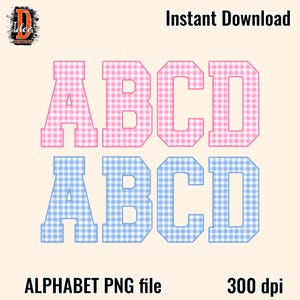 May include: Digital alphabet letters ABC and D in pink and blue gingham patterns. The letters are in a bold, block style. The words "Instant Download", "ALPHABET PNG file", and "300 dpi" are also displayed.
