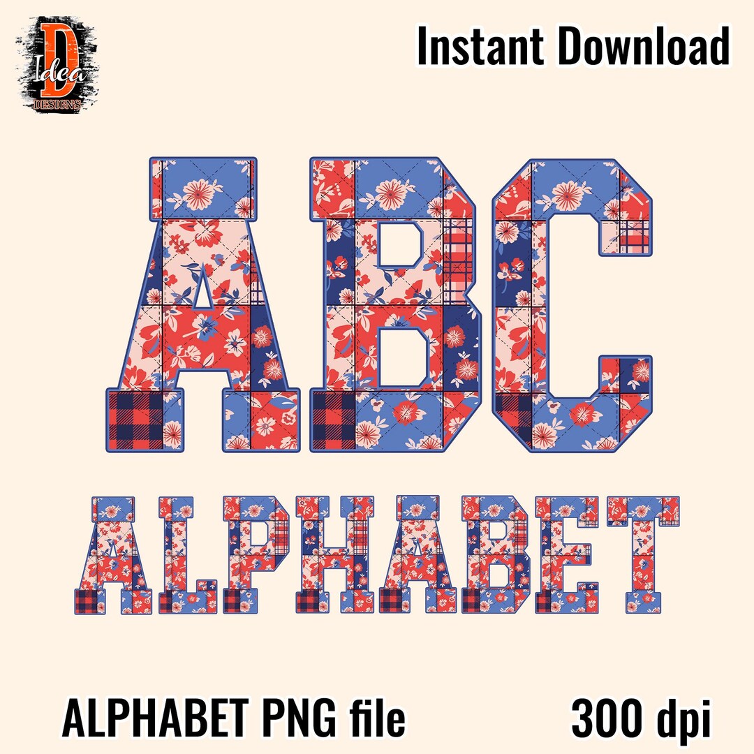 Flower Patchwork Alphabet PNG Bundle, Red White Blue Letter Set ...