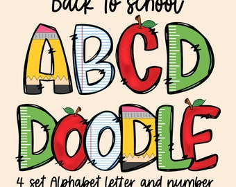 De volta às aulas Doodle letras e números PNG, Alpha Doodle, sublimação, dia escolar, clipart de material escolar, download digital Alpha Pack