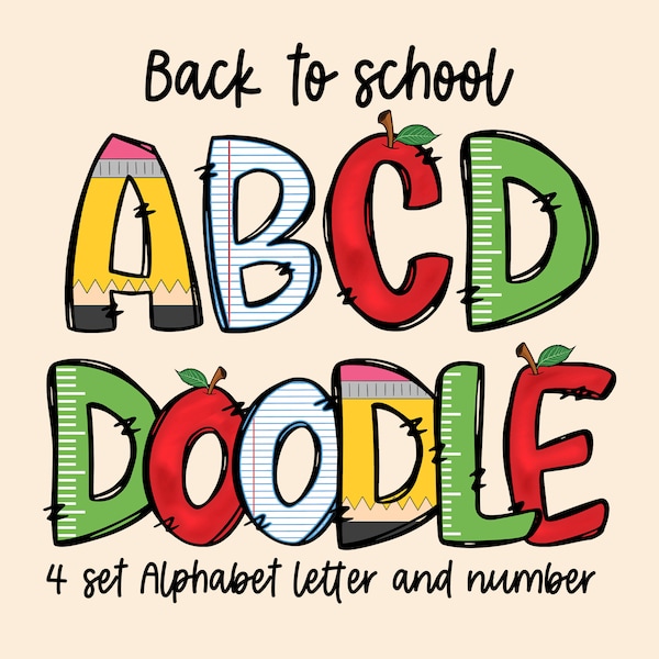 Back to School Doodle Buchstaben & Zahlen PNG, Alpha Doodle, Sublimation, Schultag, Schulbedarf Clipart, Alpha Pack Digital Download