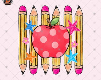 Striped Preppy Back To School,Pencil Apple Sublimation Design, Custom Teacher PNG, School Clipart, Student, Instant Download