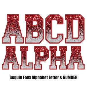 Letras y números del alfabeto bordados con lentejuelas falsas en rojo y plata brillante, PNG alfa cosido, sublimación digital, descarga instantánea