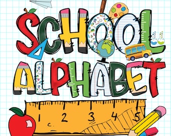 Alfabeto escolar Doodle letras e números sublimação PNG, Alpha Doodle, volta às aulas, clipart de material escolar, download digital do Alpha Pack