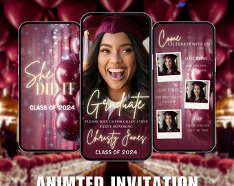 Video de invitación a fiesta de graduación color granate: Guardar la fecha digital (Canva)