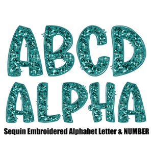 Teal Lentejuelas Falsa brillo doodle Letras del alfabeto y número Set Clipart, Bordado, Alfa PNG cosido, Sublimación digital png