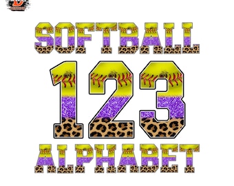 Softball Purple Glitter Alphabet PNG Bundle, Leopard sublimation (Digital Download)