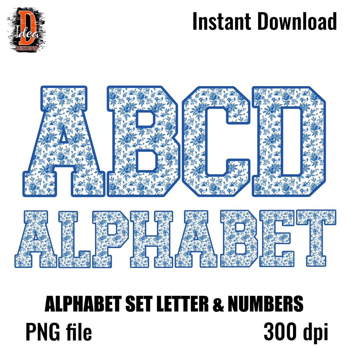 Floral Toile Alphabet & Numbers: Blue Watercolor PNG Set (digital ...