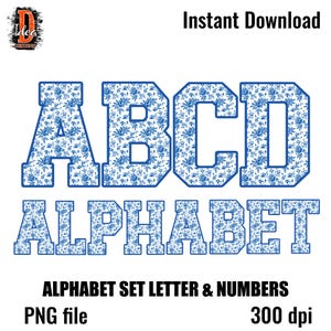Floral Toile Blau Wasser Farbe Kokette Alphabet Buchstaben & Zahl, Blumen Blume Alpha PNG, digitale Sublimation, Instant Download