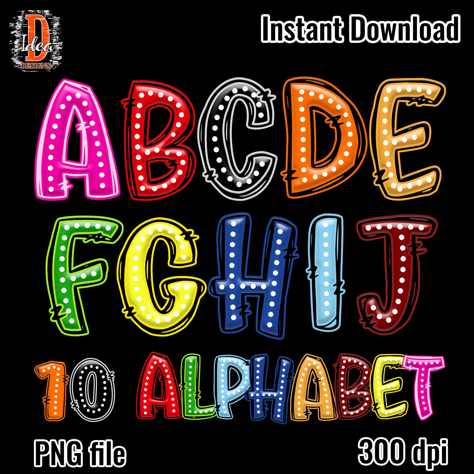 Doodle Alphabet PNG Bundle : lettres et chiffres colorés (téléchargement numérique)