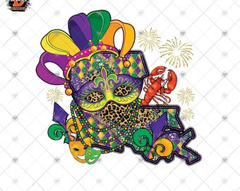 Mardi Gras Louisiana Map Leopard Print: Retro Sublimation Design (PNG File)