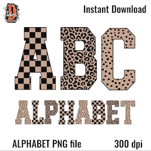 May include: A digital graphic file featuring the letters A, B, and C in a varsity font style. The letter A has a black and tan checkerboard pattern, the B has a leopard print, and the C has a cheetah spot pattern. The word ALPHABET is below.