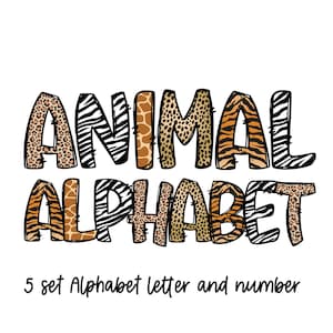 Pacote de animais letras e números do Doodle do alfabeto, impressão safari, padrão animal, zoológico PNG, letras de sublimação digital, download instantâneo