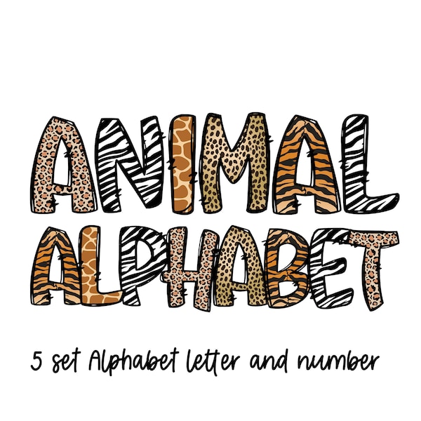 Animals Bundle Alphabet Doodle Letters & number , safari Print , Animal Pattern, Zoo PNG , digital Sublimation Letters , Instant Download