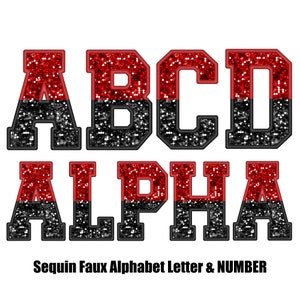 Lentejuelas falsas rojas y negras con brillo bordado letras del alfabeto y conjunto de números, PNG alfa cosido, sublimación digital, descarga instantánea