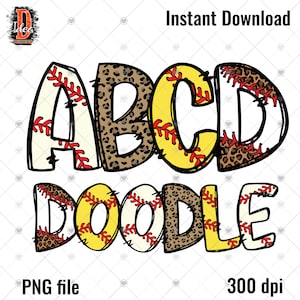 Béisbol y softbol Letras del alfabeto PNG Bundle , Baseball Sports Doodle Letters , leopardo , béisbol Doodle Font , Sublimation Alpha Set