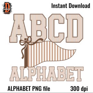 May include: A digital graphic design featuring the letters ABCD in a brown and white vertical striped collegiate font. Below the letters is a brown and white striped pennant flag with a bow, and the word ALPHABET in the same striped font.