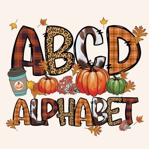 Otoño Otoño Hojas Doodle Letras y números PNG, Alpha Doodle, sublimación de imágenes prediseñadas, leopardo, calabaza, Alpha Pack Descarga digital