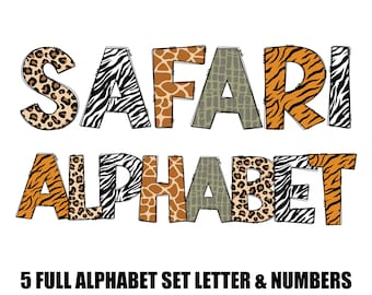 Pacote de letras de doodle do alfabeto de pele de animais safari, estampa de leopardo, padrão animal, zoológico PNG, letras de sublimação digital, download instantâneo