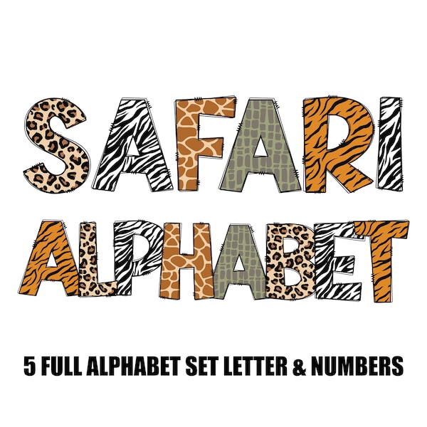 Bundle Safari Animals Skin Alphabet Doodle Letters , Leopard Print, Animal Pattern, Zoo PNG , digital Sublimation Letters , Instant Download