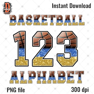 Paquete de letras PNG con purpurina azul y dorada del alfabeto de baloncesto, letras de garabatos deportivos de baloncesto, fuente de garabatos de baloncesto, conjunto de alfabeto de sublimación