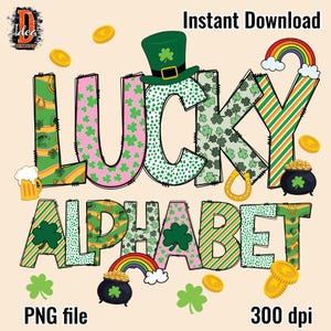 Dia de São Patrício Alfabeto Doodle Letras e Números Sublimação PNG, pacote Alpha Shramrock Lucky Supplies Clipart, Alpha Pack Digital Download
