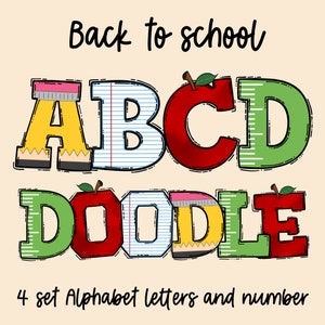 Regreso a la escuela Doodle Letras y números PNG, Alpha Doodle, Sublimación, Día escolar, Útiles escolares Clipart, Alpha Pack Descarga digital