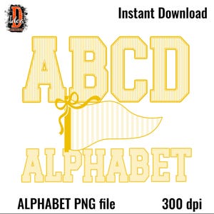 Op de afbeelding: Een digitaal grafisch ontwerp met de gele letters A, B, C en D in een varsity-lettertype met verticale strepen. Onder de letters staat een gele wimpel met een strik en het woord ALPHABET in hetzelfde gestreepte gele lettertype.