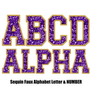 Sequin Faux Purple and Gold, glitter Embroidered Alphabet letters & number Set, Stitched Alpha PNG, digital Sublimation, Instant Download
