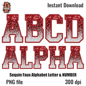 Letras y números del alfabeto con purpurina blanca sintética y lentejuelas rojas, paquete de imágenes prediseñadas de bordado digital alfa PNG, sublimación digital