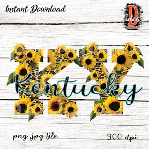 May include: Kentucky state abbreviation "KY" in yellow with a sunflower and leopard print pattern. The word "Kentucky" is written in blue cursive script.