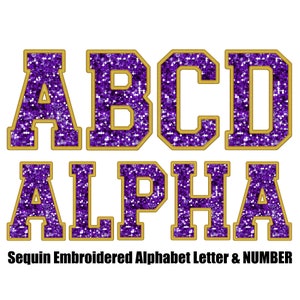 Sequin Faux Purple yellow , glitter Embroidered Alphabet letters & number Set , Stitched Alpha PNG ,digital Sublimation, Instant Download