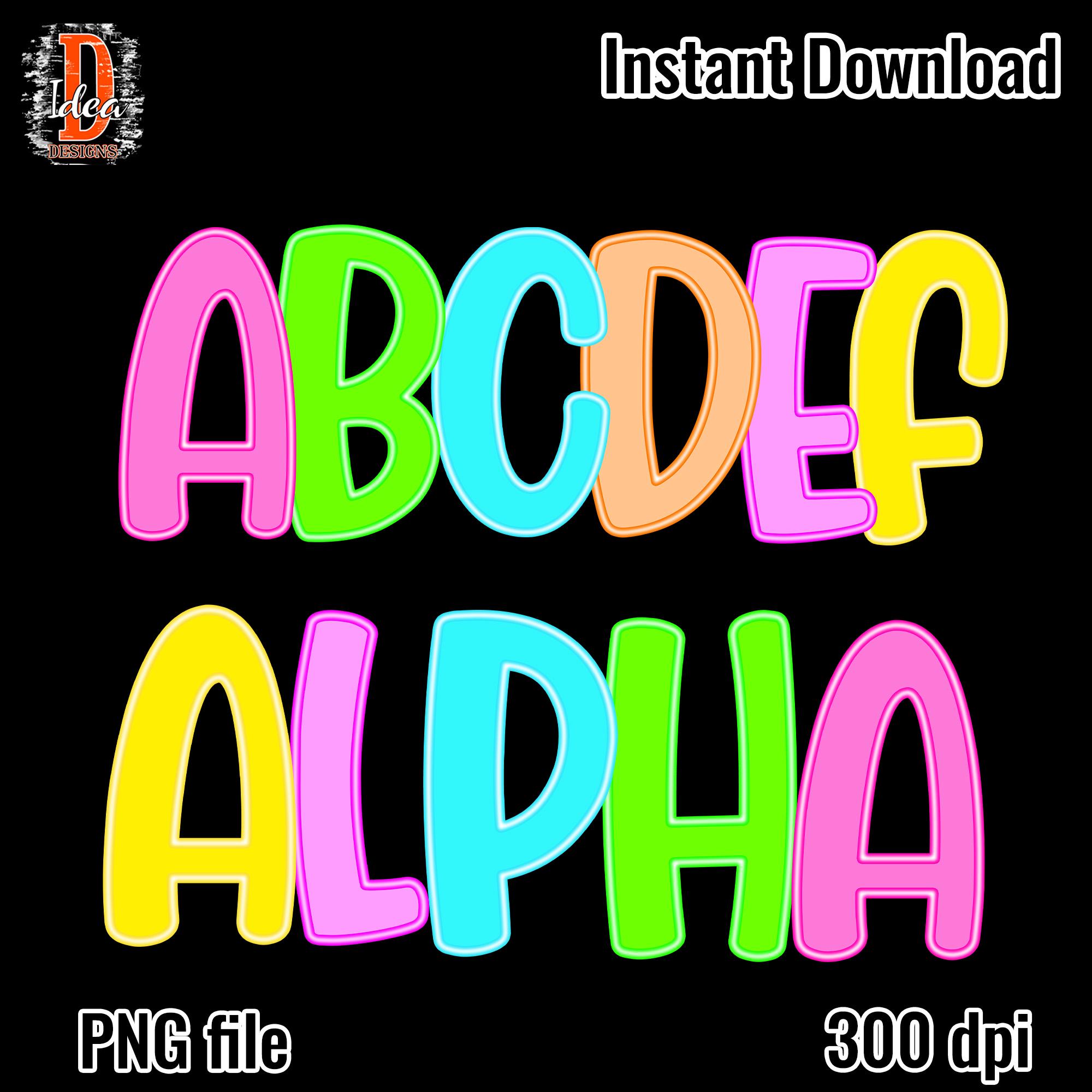 Bright Preppy Doodle Alphabet PNG: Neon Letters, Numbers (digital ...