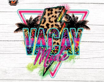 May include: A colorful graphic design with the text "Vacay Mode" in a rainbow font with a leopard print background. The design is set against a pink and blue triangle with palm trees and a lightning bolt.