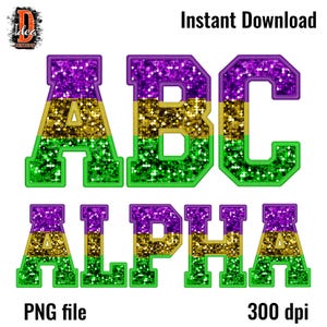 May include: A set of letters in a varsity style font, with a purple, gold, and green glitter design. The letters spell out "ABC ALPHA".