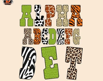 Safari Animal Print Alphabet: cowhide, leopard, Zoo Doodle Letters (PNG Digital Download)