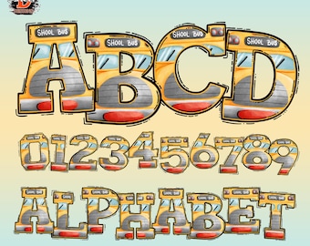 Könnte beinhalten: Ein digitales Design mit Alphabet und Zahlen, die jeweils als gelber Schulbus gestaltet sind. Das Wort "ALPHABET" wird ebenfalls im gleichen Stil angezeigt. Das Bild enthält den Text "Instant Download", "PNG file" und "300 dpi".