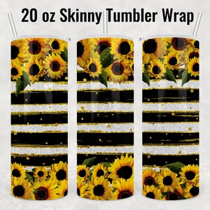 May include: A 20 oz skinny tumbler wrap design featuring black and white stripes with gold glitter accents and a sunflower pattern.