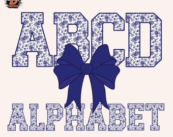 Navy Toile Alphabet PNG: Watercolor Floral Letters (Digital Download)