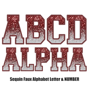 May include: Red and silver glitter ombre alphabet letters and numbers. The letters are in a varsity style font. The letters spell out "ABCD ALPHA".