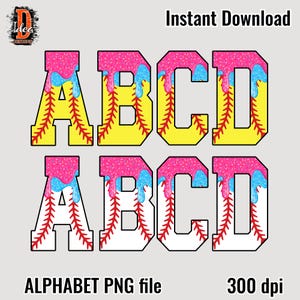 May include: Alphabet PNG file featuring the letters ABCD, each designed with a baseball theme. The letters are yellow and white, with red stitching, and topped with pink and blue dripping icing. The words "Instant Download" and "300 dpi" are also visible.
