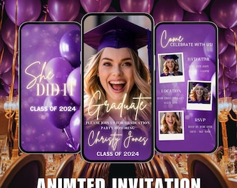 May include: Purple graduation party invitation with a photo of a graduate in a cap and gown. The text reads "Come Celebrate With Us!" and includes details for the date, time, location, and RSVP information.