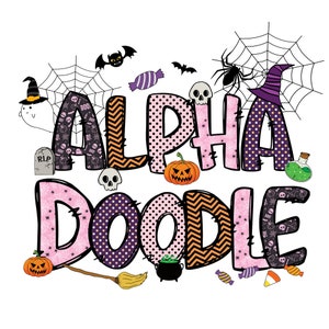 Bonita sublimación de letras y números de garabatos de Halloween con imágenes prediseñadas PNG, PAQUETE Alpha Doodle, imágenes prediseñadas de suministros, descarga digital de Alpha Pack